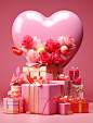 a pink heart, flowers, and various present boxes together on a pink background, in the style of daz3d, detailed compositions, ad posters, award-winning, richly colored, bright, realistic yet stylized