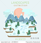 Flat style land scenic winter forest ice frozen lake pond in forest vector template. Landscapes vector illustration collection.