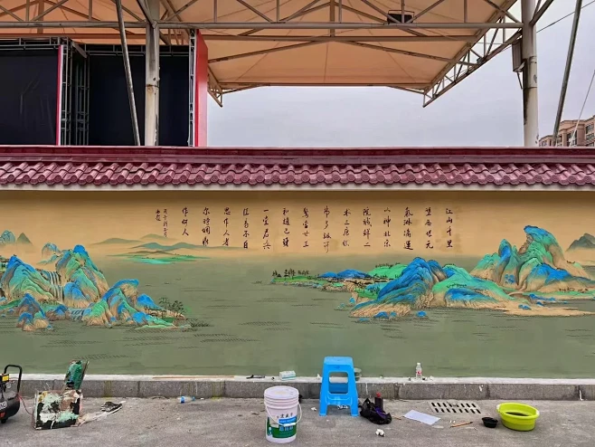 千里江山图 | 学校文化墙绘制 - 小红...