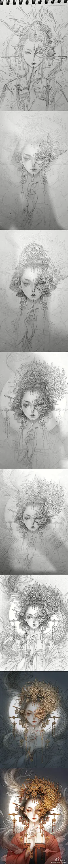 《半面妆》这张难得没忘把过程拍下来~~像这么复杂的头饰我也是第一次尝试，画得很过瘾~~ #手绘作品#（作者：@古戈力 ） ​ ​​​​