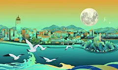 国潮 【酷图网】山东,烟台,国潮风,插画,插画山东,手绘山东,手绘烟台