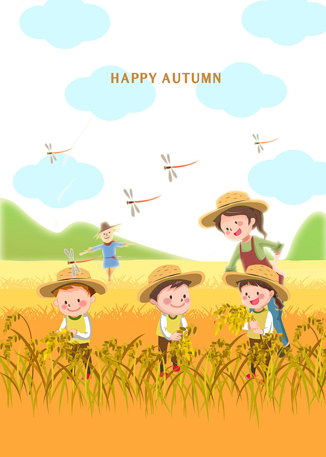 蓝天白云金色稻田小朋友稻草人蜻蜓儿童插图插画设计psdti455a0303