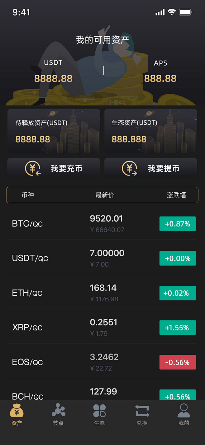 区块链钱包APP首页界面UI黑金科技