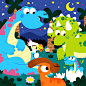 an image of dinosaurs in the night time with stars and flowers on it's head
