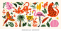 Stickers exotic tropical leaves, tigers, leopards and wild animals, birds, jungle plants, palm trees, monstera leaves and flowers. Set of vector jungle stickers in cartoon retro style 库存矢量图