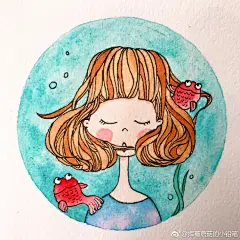 德德的小女孩+七酱的小金鱼，感觉可以画个系列（第一次临@德德简笔画 ，学习头发中） ​​​​