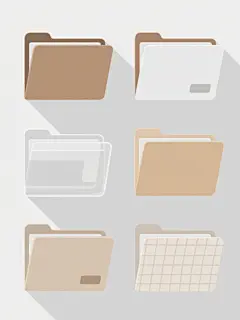 极简风格插画，六个不同样式和材质的文件夹，白色背景，排列整齐，配色简洁，扁平化设计，柔和阴影，圆角处理，简洁线条，清新色调，高对比度，清晰边缘，文件夹材质包括牛皮纸、塑料、布料等，每个文件夹有独特设计细节，整体构图平衡，视觉层级分明，信息传达高效，现代简约设计感。