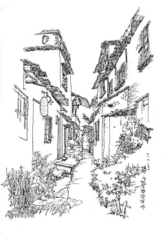 长满绿植的胡同  - 源文件下载【酷图网】钢笔画,手绘,速写,建筑,写生,旧房子,胡同,民房,房屋,绿植,