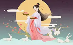 中秋节嫦娥玉兔月下嫦娥手捧月饼插图卡通唯美手绘可爱古风插画壁纸