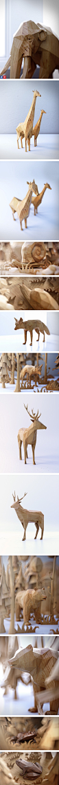 木头材质动物大象青蛙 low poly 低面低多边形lowpoly卡通图片Charming Menagerie of Animals Designed as Low Poly Wood-Textured Toys - My Modern Met #素材#@北坤人素材