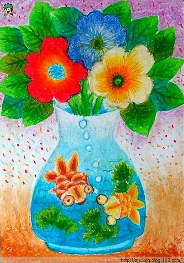 水彩儿童画图片欣赏《漂亮的花瓶》◆肉丁儿...