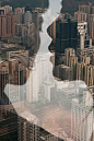 double exposure of man,woman and cityscape