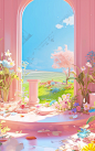 a pink room with flowers and a tree in a beautiful scene, in the style of bright sculptures, pastoral scenes, vibrant stage backdrops, imitated material, organic material, decorative borders, decorative backgrounds