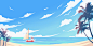 扁平矢量天空海洋沙滩帆船夏季插画海报背景