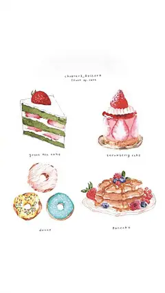 手绘美食 甜甜圈 抹茶蛋糕 草莓蛋糕 插画