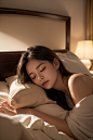  1 girl, European and American, （with eyes closed）,Display ears, lying in bed sleeping, sideways, warm at night,, Light master, A dimly lit interior,sweet,Caramel ambient light
