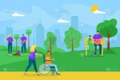 志愿工作，生态帮助矢量插画。女人在公园志愿服务社区，人关心环境