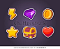 UI Vector Icon Kit for a games. Set of elements. Vector illustration. Icons of Energy, Diamond, Ruby, Chest, Leaves , Star and Rating. Can use to Mobile, web of video Games. Isolated.

