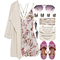 A fashion look from March 2015 featuring long pink cardigan, floral camisole and purple sandals. Browse and shop related looks.