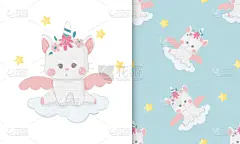 可爱的,云,独角兽,举起手,野生猫科动物,四方连续纹样,请柬,贺卡,泰国,翅膀