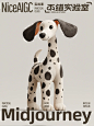 3D rendering, C4D, cartoon style, （a dalmatian dog 可替换狗狗品种描述），（A dark brown and white miniature毛发描述）  with thick fur stands upright on the ground.   It has soft hair all over its body, and is made of plush material.   The background color should be a simp