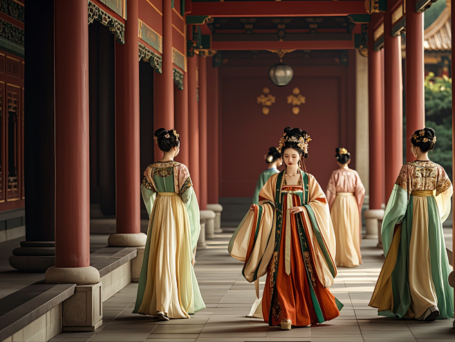 一位穿着华丽，奢侈的古代女，身旁跟着俩排侍女，走在宫殿长廊 (2)