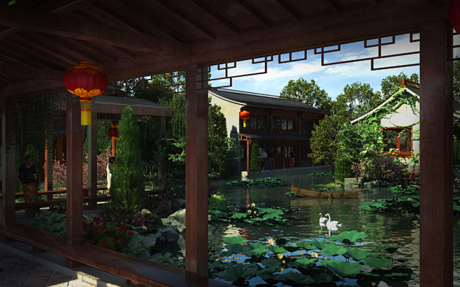 古城徽式建筑镜头古代庭院建筑动画场景