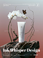 Minimalist, creative composition, medium and long view, product shooting, a white skin care product placed on a huge rock, white orchid, slender leaves, no text, a butterfly, Japanese Zen style, elegant, solid color background,