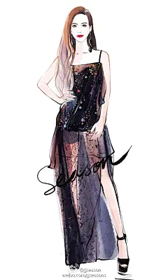 #jjseason插画# #明星红毯礼服插画# ----- @蔡依林 身穿LANVIN 2017春夏系列黑色吊带裙，GiuseppeZanotti黑色丝绒高跟鞋，搭配挑染长卷发，作为亚洲唯一受邀的女星，性感妩媚亮相2016维秘大秀。O华语天后蔡依林