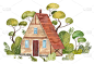 卡通水彩房子插图。有树木和灌木的木屋