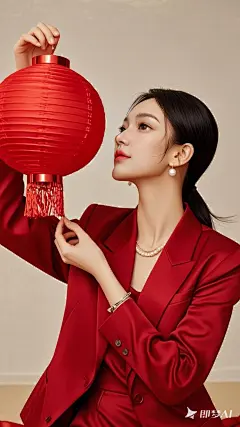 穿红色西装，东方女性，手部动作优美，佩戴一条项链，简约纯色光影背景，抬头的动作，手拿新年氛围的灯笼，高级简约_ _ [参考人物长相_  头上留2厘米空白，扎马尾或者短直发，飘逸感，清透的皮肤，白暂皮肤