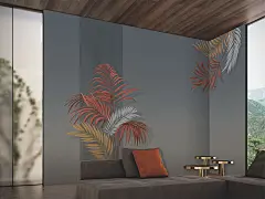 现代 叶子 黄色 红色 刺绣 手绘 白色  植物  室内软装装修设计 壁画 墙布 壁纸 墙画 电视床头客厅背景墙 卧室 别墅 酒店
