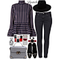 A fashion look from October 2016 featuring blue striped shirt, dark gray jeans and gray shoulder bag. Browse and shop related looks.