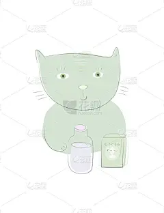 内向可爱的小猫小猫放松，喝着家做的热巧克力。快乐宠物宝宝动物性格与可可牛奶摇插图肖像。简单的画。社交