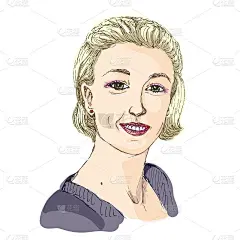 年轻微笑女人的素描。手绘的脸，自然快乐的笑容，柔和的色彩。白色背景上的孤立向量。