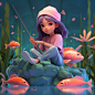 cstark_3D_girl_with_her_goldfish_sitting_by_a_pond_in_the_style_0325a764-29d4-4e5a-b7a5-35ebb225186d