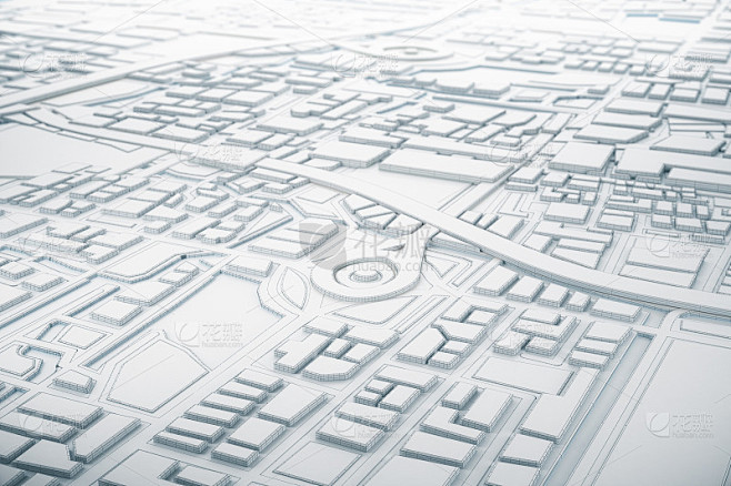 白色和线三维城市地图导航针定位器。导航、...
