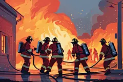 灭火器消防员救火背影插画图片