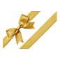 Gold gift ribbon tied in a bow on white background, cut out top view
