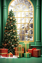 3d scene with christmas tree, presents and some windows, in the style of kitsch aesthetic, green and gold, vray, hallyu, , sigma 85mm f/1.4 dg hsm art, bold color usage