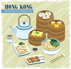 扁平化广东香港美食广式早点早茶晚茶矢量餐饮插画 AI设计素材