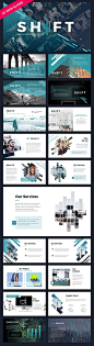 Modern pitch deck slide presentation template for start-ups and other businesses. Features interesting graphics, modern typography, and subtle coloring.