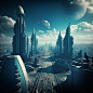 very dense scifi city skyline at mid day with tall science fiction buildings and large roads seen from the 40th floor, blue sky