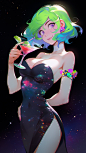 In the style of the anime cowboy bebop, disco girl holding a martini glass in cyberpunk cocktail dress, outer space background