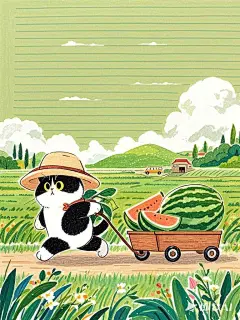简笔画，卡通，粗线条勾勒，特写，一只黑白色的猫咪拉着装满哈密瓜的拖车，猫咪戴着草帽，可爱温馨，治愈画风，简洁，干净，颜色鲜艳，郁郁葱葱的小草，彩铅，蜡笔用最简单线条勾勒人物肖像，加入动物元素，植物元素，地方风物，标志性建筑，拼贴排版，设计一款信纸，以此中心图案为信纸底纹，次要图案为信纸上下的装饰。