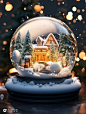 可商用创意圣诞节海报玻璃球玻璃罩圣诞树素材Midjourney关键词咒语：