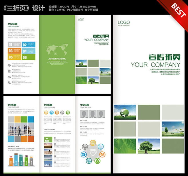 绿色学校课程教育培训宣传三折页设计PSD