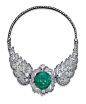 A CABOCHON EMERALD AND DIAMOND NECKLACE, BY CARTIER   The detachable front set with a cabochon emerald in a circular-cut diamond openwork foliate surround, with old mine and baguette-cut diamond detail, flanked by old mine and baguette-cut leaves to the b
