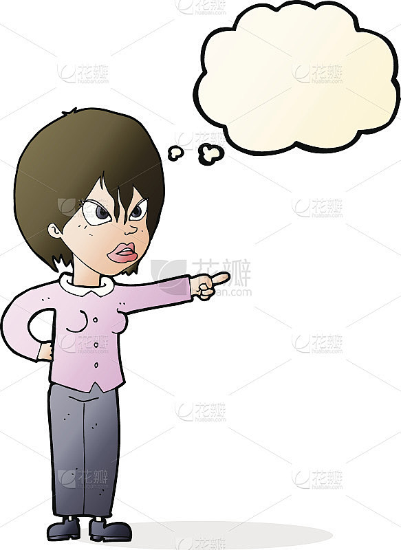 卡通女人用思想泡泡指责
