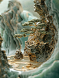 miniature style, cinematic montages style, tiny world, a Gold inlaid jade carving, ultra wide shot, soft lines, flowing lines, Chinese，reflecting the beauty of technology and art